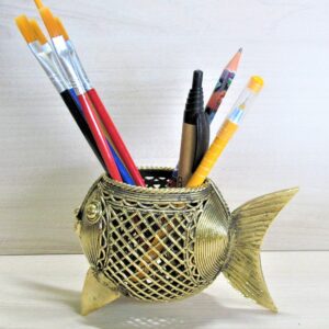 Handcrafted Dhokra Metal Collectible Showpiece Fish Shaped Pen Stand for Home and Table Decor