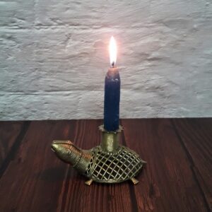 Handcrafted Dhokra Metal Art Candle Stand with Netted Tortoise Figurine Base For Home and Desk Decor